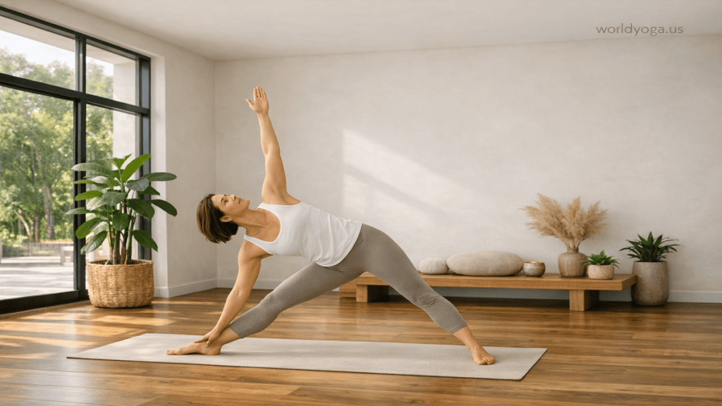 Person performing Hatha Yoga triangle pose in a minimalist indoor studio with natural light, wooden flooring, plants, 1200x675 ratio, watermark "worldyoga.us" in top-right corner.