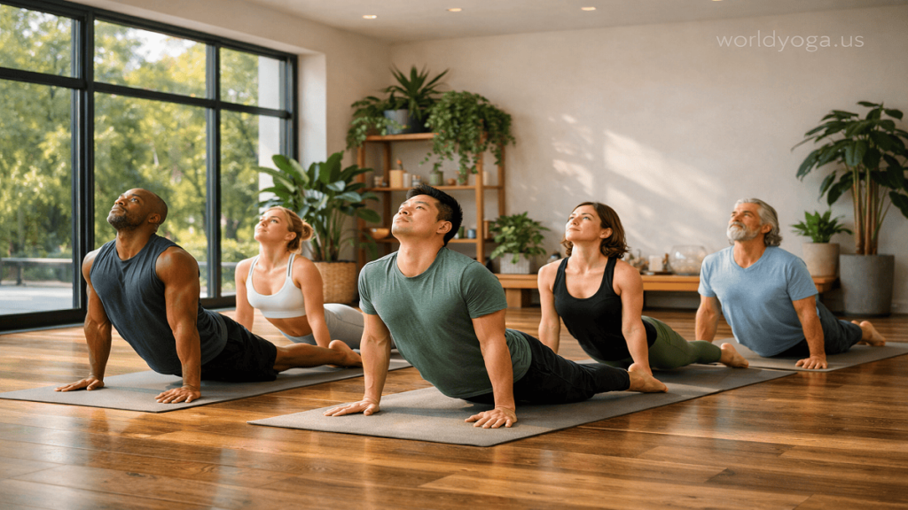 Group of people practicing Vinyasa yoga in a modern studio with natural light and greenery