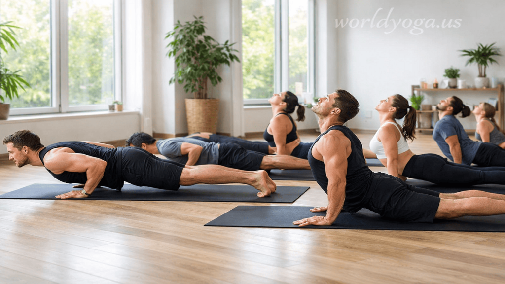 Group of people practicing Ashtanga yoga in a bright modern studio with synchronized poses