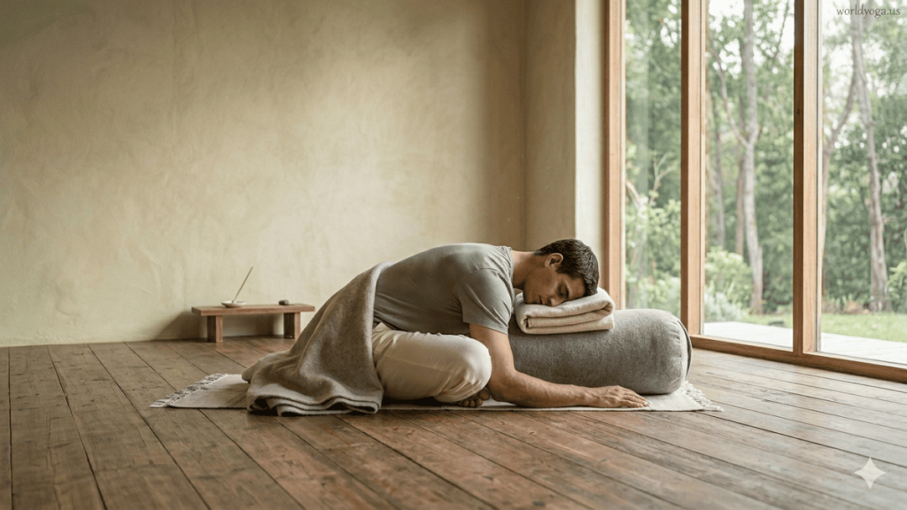 Person practicing Yin yoga with a deep stretch pose in a calm indoor setting