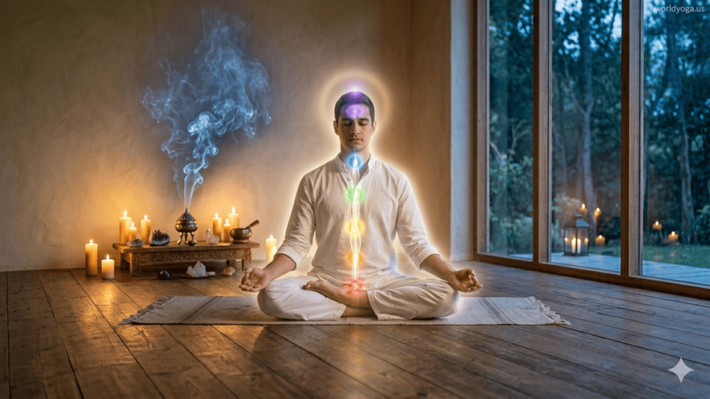 Person practicing Kundalini yoga meditation with glowing energy and calm spiritual setting