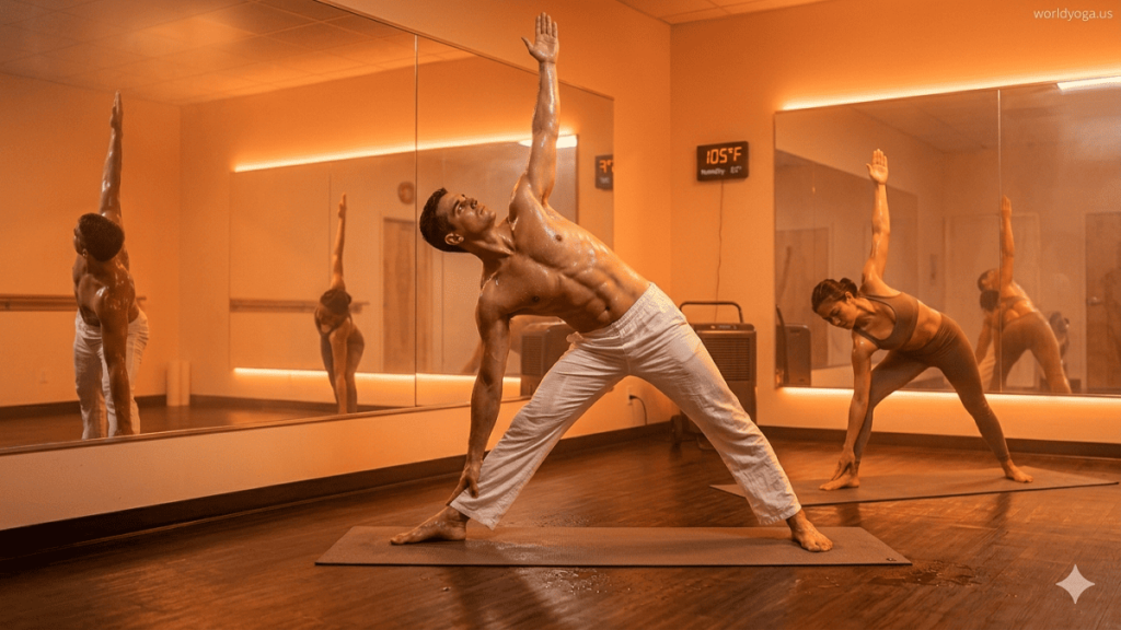 Person practicing Bikram yoga in a heated studio with visible sweat and strong posture