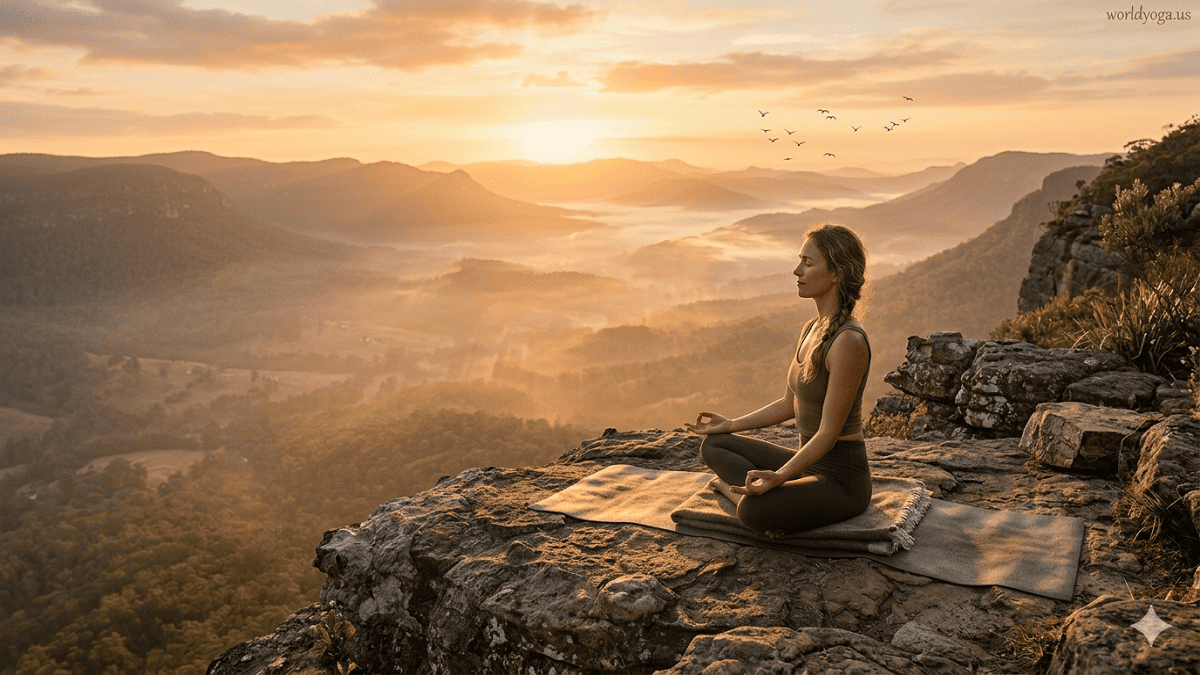 Person performing Hatha Yoga triangle pose in a minimalist indoor studio with natural light, wooden flooring, plants, 1200x675 ratio, watermark "worldyoga.us" in top-right corner.