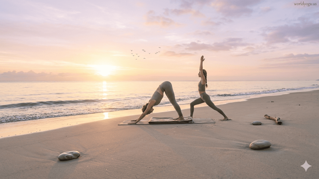 Vinyasa yoga practice on a beach at sunrise with a woman flowing through poses and soft ocean light