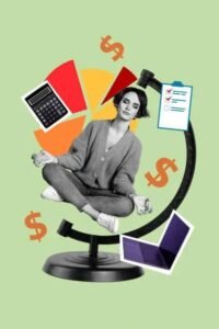 Illustration of a woman meditating cross-legged within a financial chart, surrounded by dollar signs, calculator, checklist, and laptop icons.