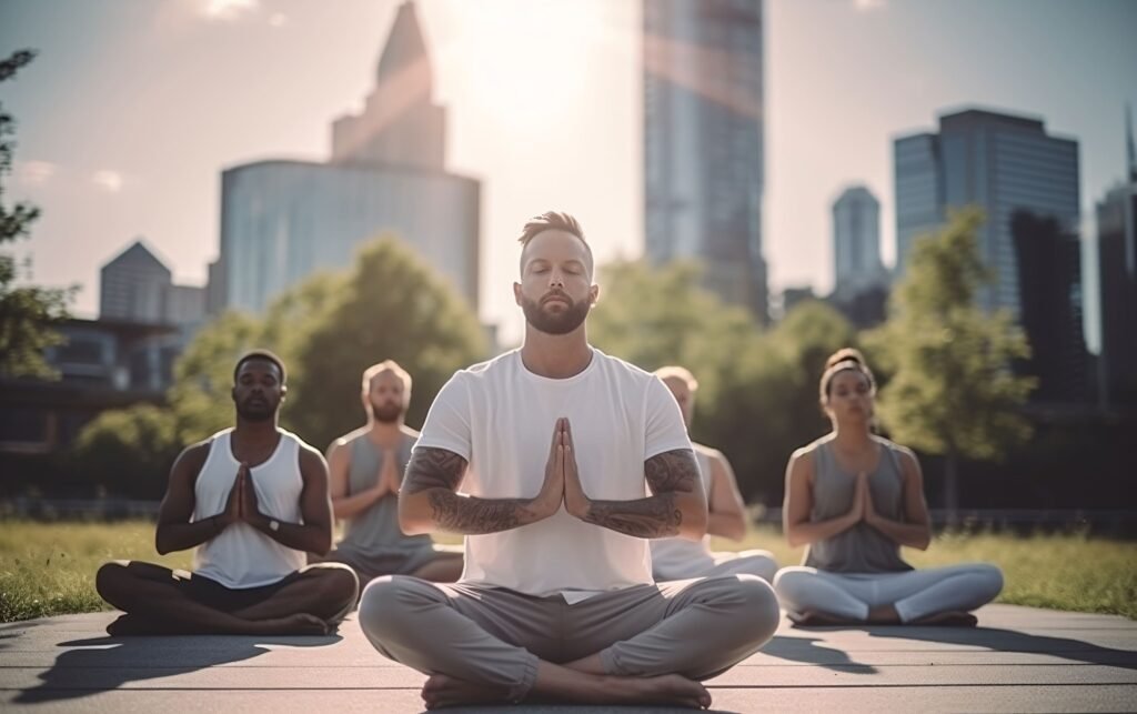 Group practicing seated yoga meditation in an urban park, eyes closed, hands in prayer position, skyscrapers and greenery behind.