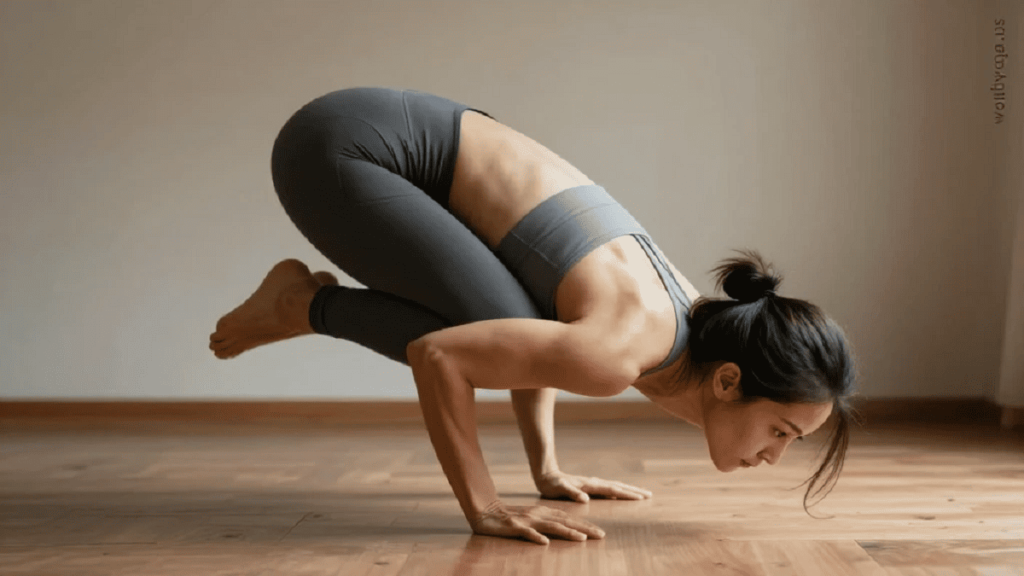 A person performing Pendant Pose arm balance on a wooden yoga floor in a studio with soft lighting and focused posture