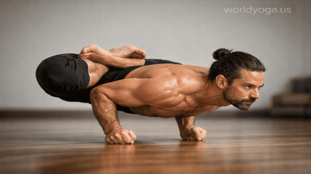 Advanced yoga practitioner performing Mushti Padma Mayurasana, balancing the body horizontally on fists with legs in full lotus position in a controlled arm balance.