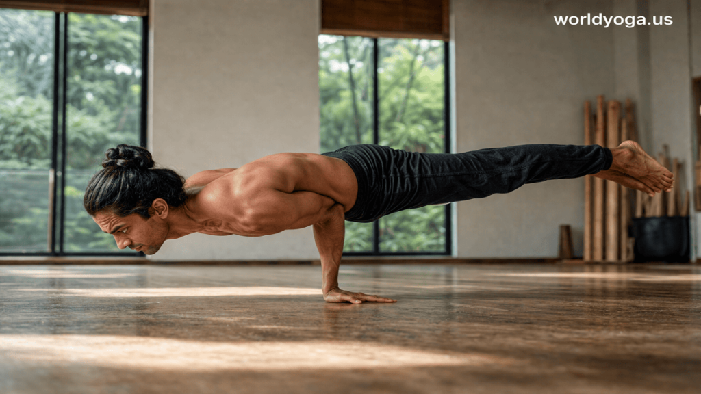 A highly advanced yogi performing One Hand Peacock Pose, balancing the body horizontally on a single forearm with the elbow pressed into the abdomen, legs extended straight back in a controlled alignment.