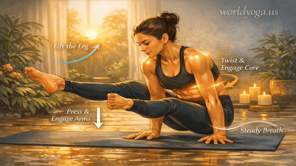 "Yoga practitioner performing preparatory poses for Ashtavakrasana, including Boat Pose, Plank, Crow Pose, Bound Angle Pose, and Seated Twist, with correct alignment and muscle engagement highlighted."