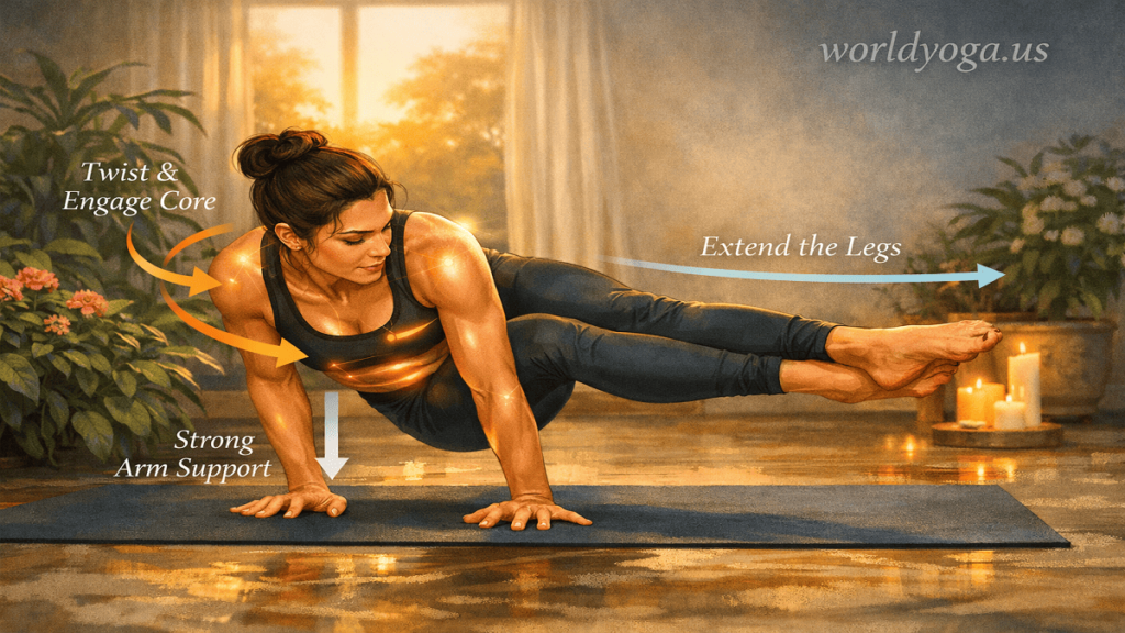 Dwi Pada Koundinyasana. "Yoga practitioner performing Dwi Pada Koundinyasana with arms supporting the torso and both legs extended sideways, highlighting core engagement, shoulder alignment, and hip flexibility in an instructional setting."