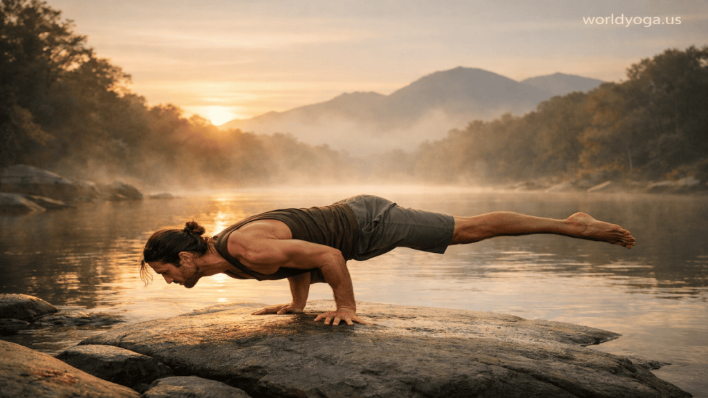 Yoga practitioner holding Eka Pada Koundinyasana II on a rock by a river at sunrise with mist, mountains in background, and a small “worldyoga.us” watermark in the top right corner.
