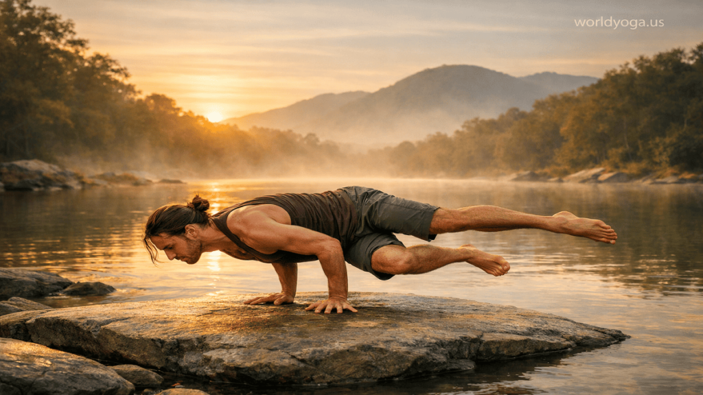 Yogi performing Uneven Two-Legged Pose Dedicated to Koundinya on a rock near water at sunrise, with one leg bent and a “worldyoga.us” watermark in the top right.