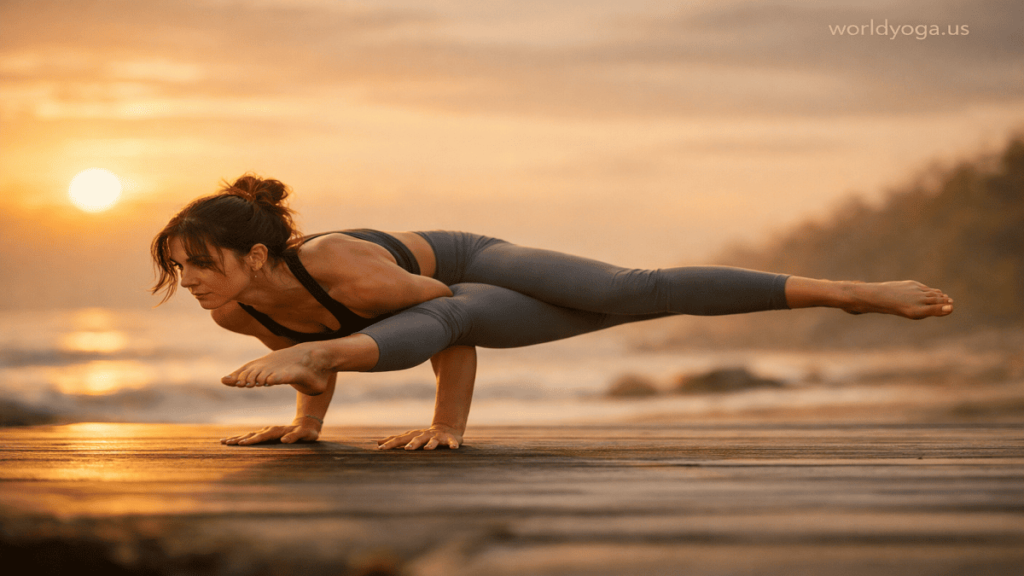 A yoga practitioner holding Vishama Dwi Pada Koundinyasana outdoors at sunrise with both legs extended sideways while balancing on the hands.