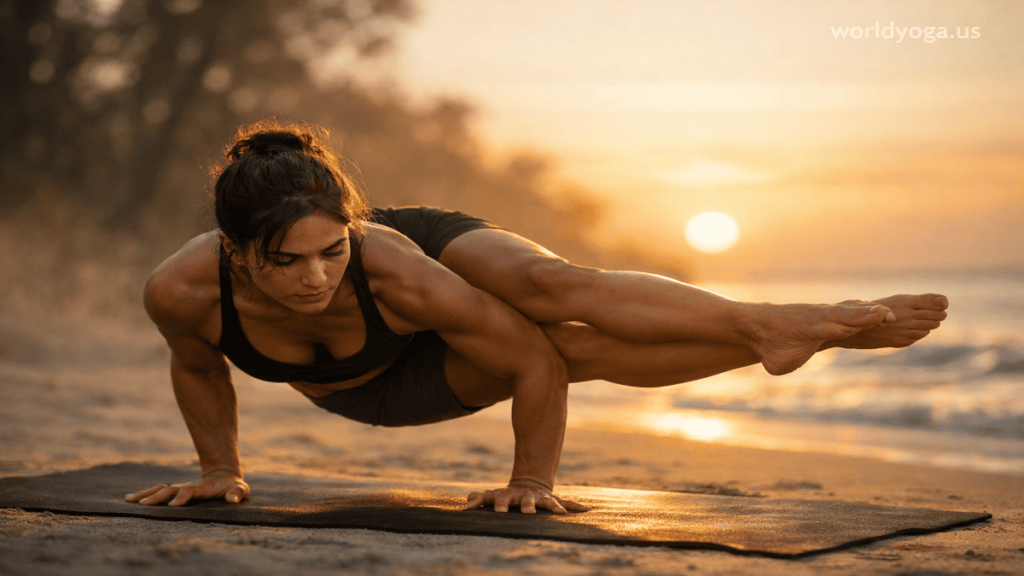 A yoga practitioner holding Ashtavakrasana outdoors at sunrise with both legs extended sideways while balancing on the hands.
