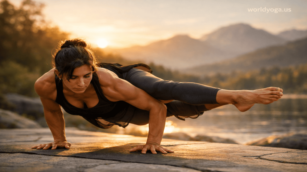 Pose Dedicated to Ashtavakra. A realistic yoga studio scene showing an advanced practitioner performing Ashtavakrasana (Eight-Angle Arm Balance), with strong arm support, core engagement, and legs extended sideways in a controlled balance position under soft lighting.