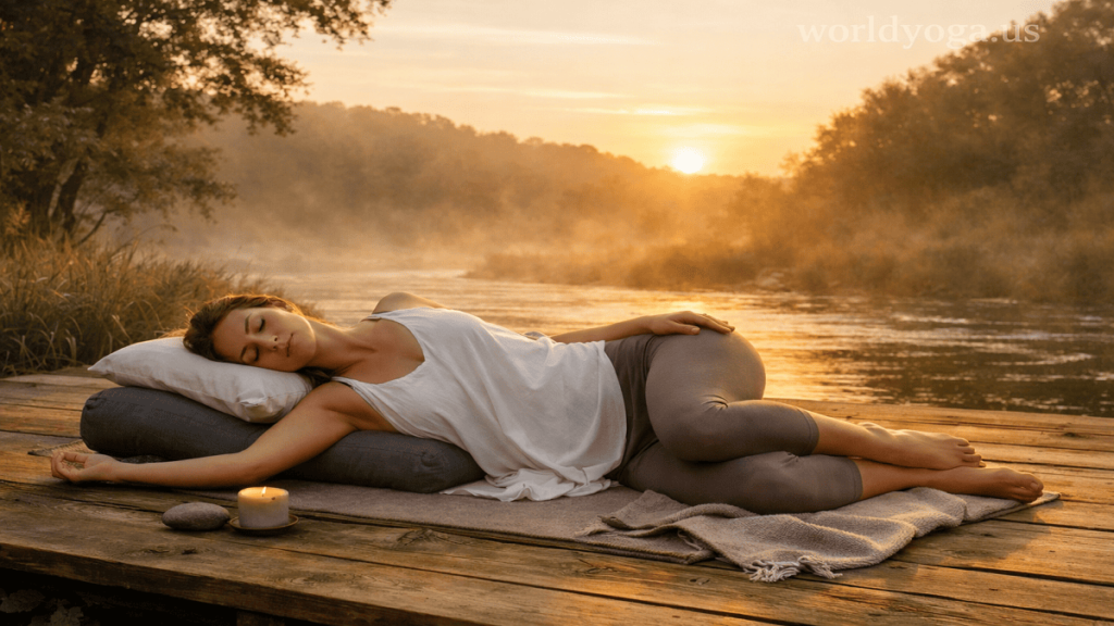 A serene yoga practitioner demonstrating an asymmetrical restorative pose inspired by Uneven Half Repose Pose Dedicated to Ashtavakra, resting on a mat with one side fully grounded and the opposite side gently open, in a calm studio environment.