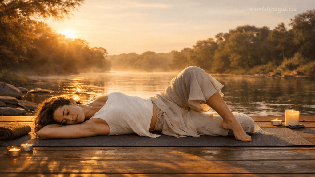 Uneven Pose Dedicated to Ashtavakra. A realistic yoga scene showing a practitioner in a conceptual Uneven Pose Dedicated to Ashtavakra, resting in an asymmetrical position with one side grounded and the other gently open, in a calm studio environment.