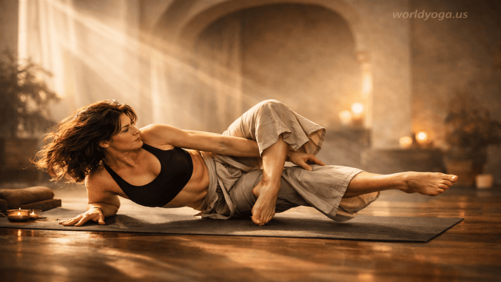 Vishama Ardha Shayana Ashtavakrasana. A realistic image of a yoga practitioner performing an advanced asymmetrical arm balance on a mat in a softly lit indoor studio, body partially reclined with one leg threaded over the arm, showing intense core engagement and focus.