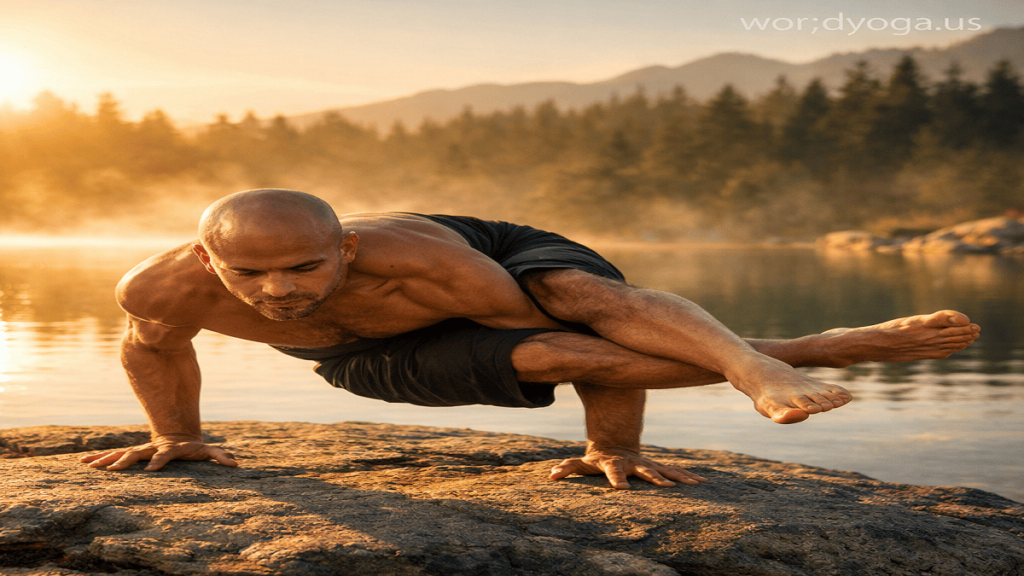 Yogic practitioner holding Vishama Ashtavakrasana arm balance on a rocky outdoor surface during sunrise with warm golden lighting.