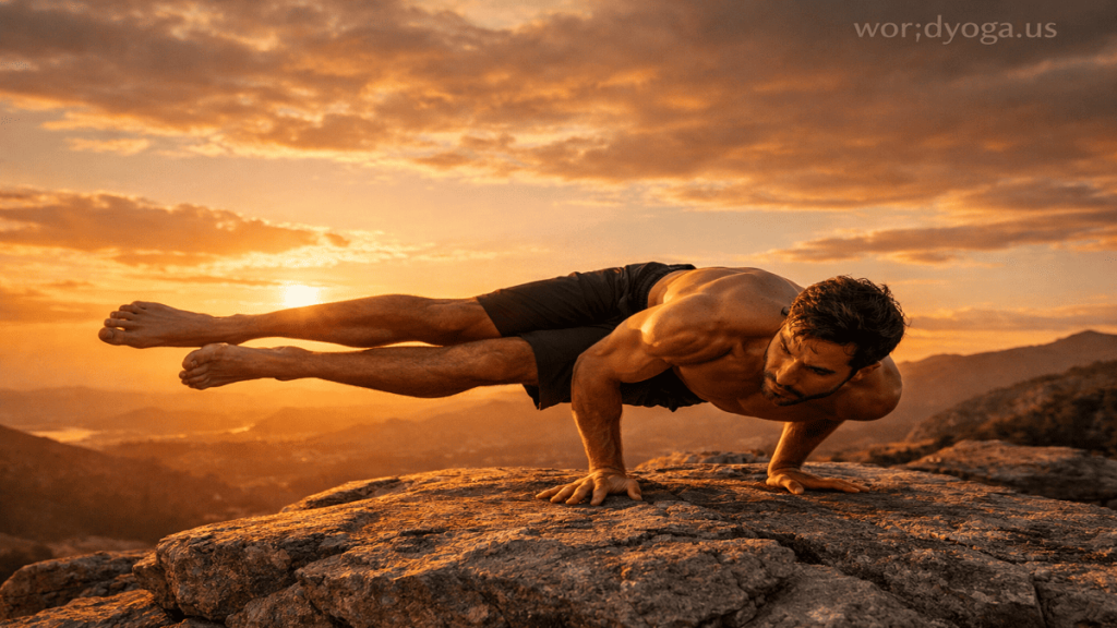 Yogic practitioner holding an advanced lateral arm balance with both legs extended to one side on a rocky surface during sunset.