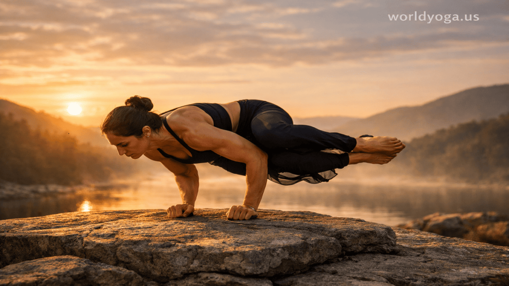Yoga practitioner performing Side Crane Pose on rocky surface outdoors at sunrise, body lifted in twisted arm balance with scenic mountain background and warm golden light.
