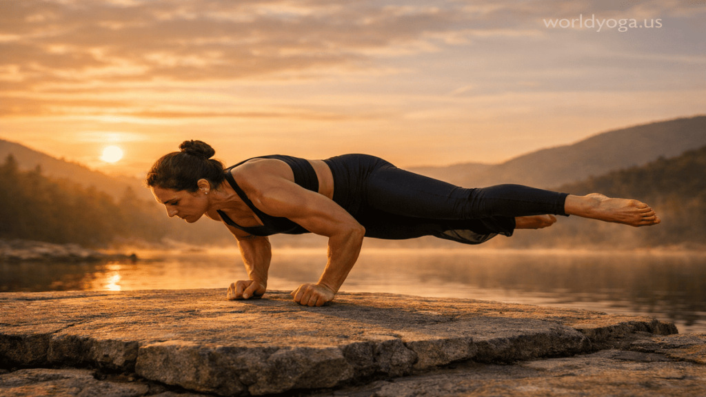 A yoga practitioner performing a fist-supported Eka Pada Koundinyasana II pose on an outdoor platform during sunrise.