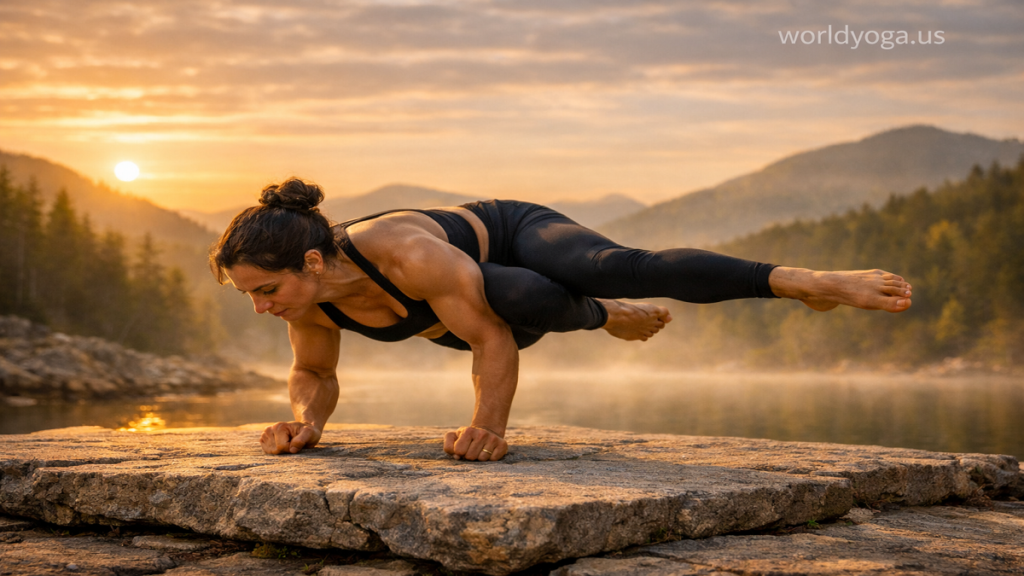 Advanced yogi performing Vishama Hasta Parshva Bakasana in a yoga studio with uneven arm loading and twisted arm balance posture.