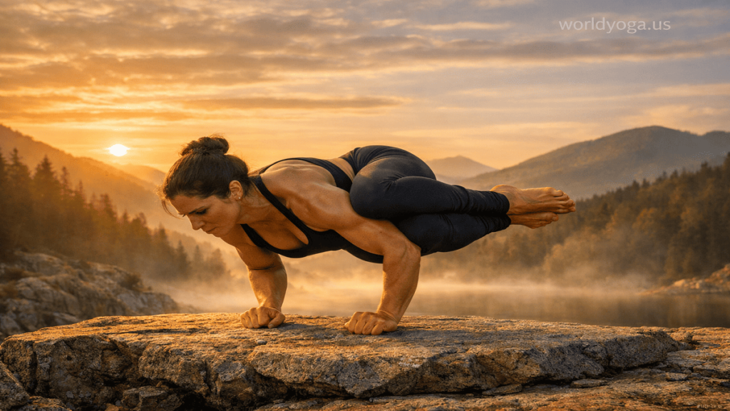 Garudasana . A yoga practitioner performing an advanced forearm arm balance with Eagle-leg bind and spinal twist on a mountain cliff at sunrise with a “worldyoga.us” watermark in the top-right corner.