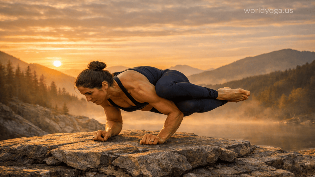 A yoga practitioner performing an advanced asymmetrical forearm arm balance with Eagle-leg bind and twist on a mountain cliff at sunrise with a “worldyoga.us” watermark in the top-right corner.