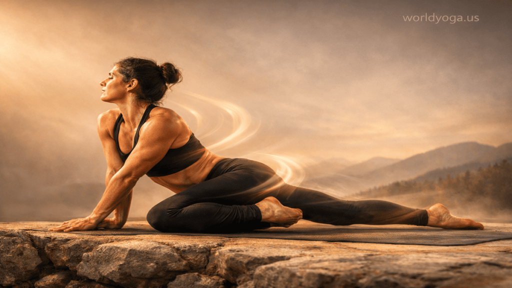 Advanced yoga practitioner performing a Revolved Garuda Leg variation in Swan Pose, with one leg folded in a pigeon base and subtly spiraled inward like Eagle Pose, while the torso rotates gently in a controlled spinal twist in a minimalist studio setting.