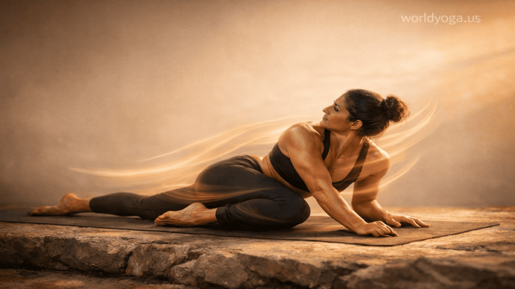 Advanced yoga practitioner performing Revolved Garuda Leg Position in Uneven Swan Pose, showing asymmetrical pigeon-like base with inward spiral of the front leg and controlled spinal twist in a minimalist studio setting.