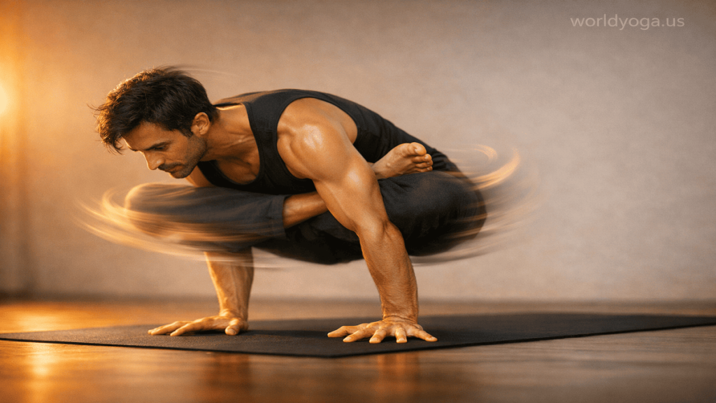 Advanced yoga practitioner performing Arm Balance Lotus Pose, lifting the body off the ground with hands while legs are locked in lotus position, demonstrating core strength and balance in a minimalist studio setting.