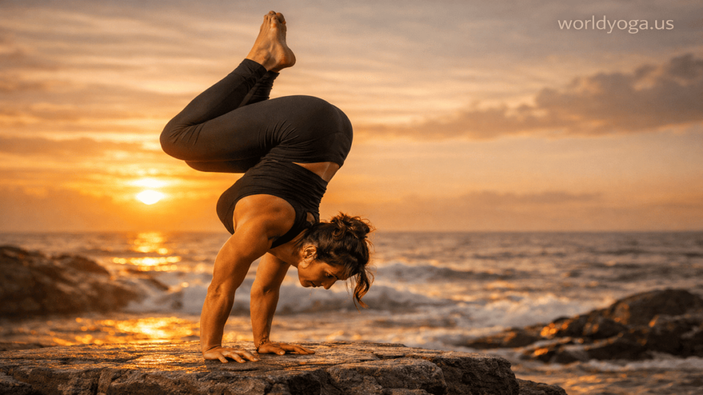 An athletic yoga practitioner performing Upward Rooster Pose outdoors on a rocky platform near the ocean during sunrise in a full arm balance.