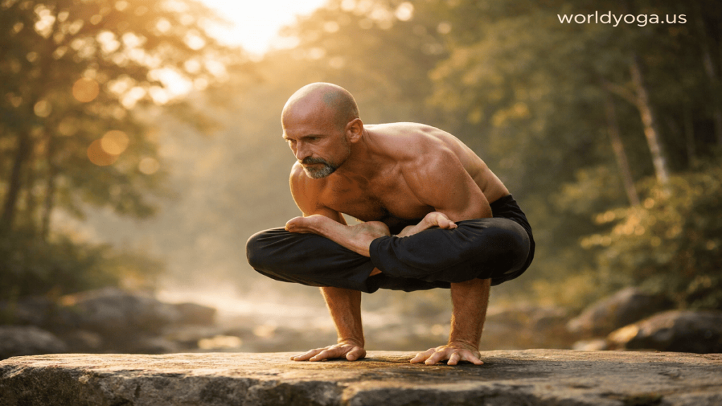 Advanced yoga practitioner performing Urdhva Kukkutasana, balancing on straight arms with legs in full lotus position, body lifted off the ground in controlled arm balance.