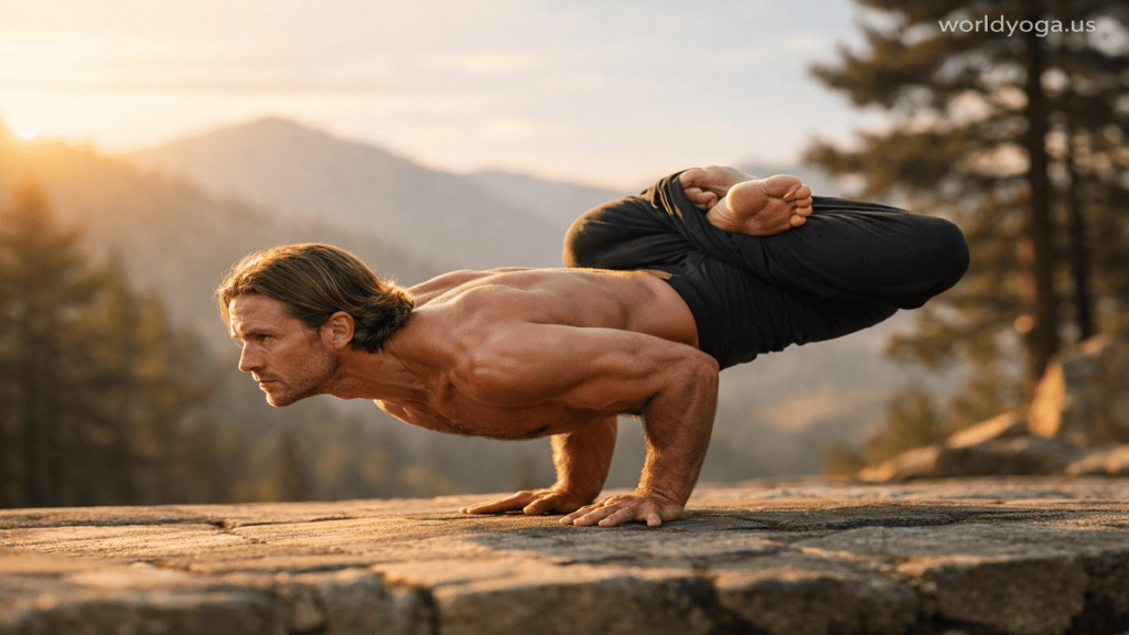 An advanced yoga practitioner performing Lotus Peacock arm balance, holding the body horizontally above the ground supported on forearms while legs are in full lotus position, demonstrating strength and balance in a controlled pose.