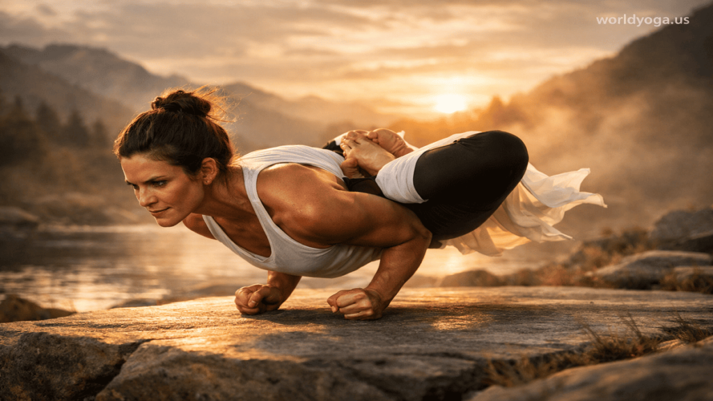Advanced yoga practitioner performing a horizontal arm balance combining Lotus Pose and Peacock Pose, balancing on forearms with elbows pressed into the abdomen, legs locked in lotus position, set in a serene studio environment with soft natural light, watermark “worldyoga.us” in the top right corner.