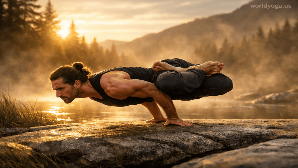 Advanced yoga practitioner performing Lotus Pose in Peacock Pose, balancing horizontally on forearms with elbows pressed into the abdomen, legs locked in lotus position, set in a serene studio environment with soft lighting and a subtle “worldyoga.us” watermark in the top-right corner.