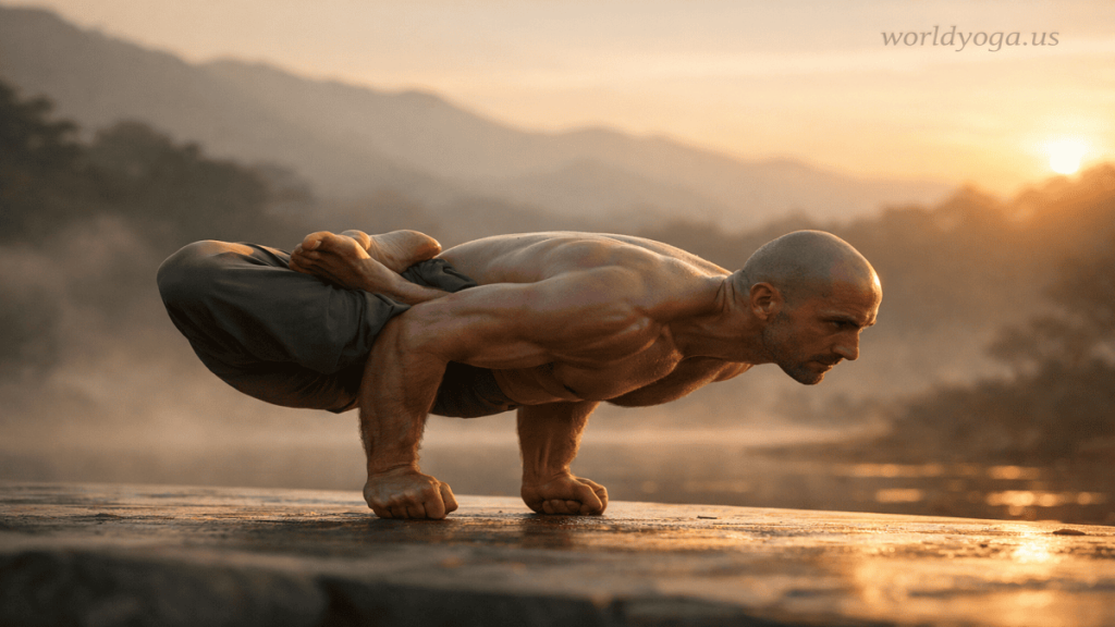 Advanced yoga practitioner performing Mushti Padma Mayurasana, balancing the body horizontally on fists with legs in full lotus position in a controlled arm balance.