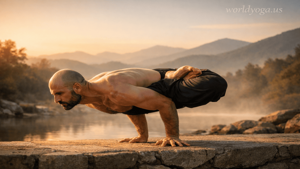 Yoga practitioner performing Padmasana in Mayurasana, balancing horizontally on hands with legs in full lotus position, demonstrating strength and control.