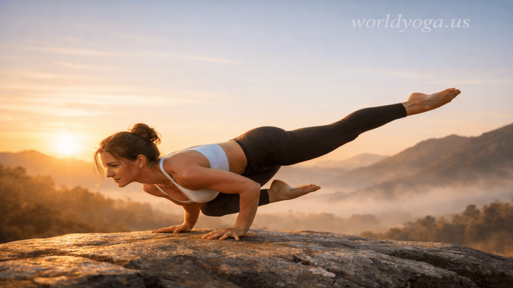 Yoga practitioner performing Peacock Pose and Swan arm balance, demonstrating upper-body strength, balance, and controlled body alignment.