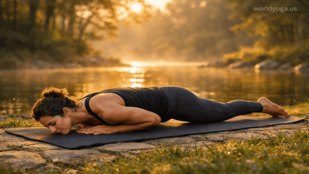 Person performing Swan Pose yoga variation (Sleeping Swan/Pigeon Pose) with one leg folded forward and the other extended back in a calm studio setting.
