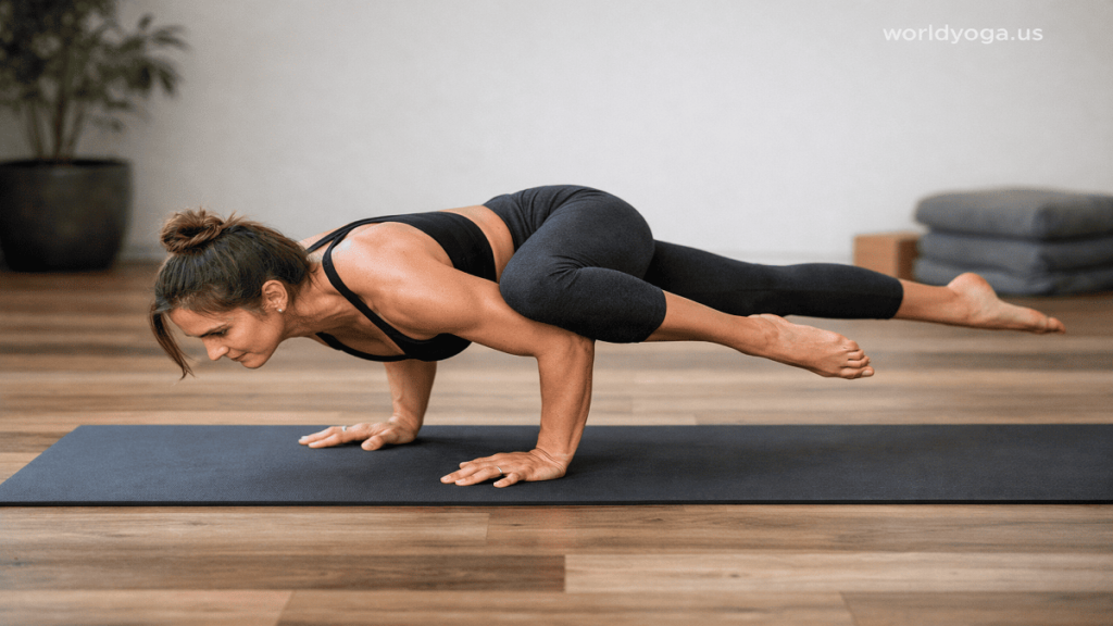 Yoga practitioner performing Eka Pada Koundinyasana II (Scissor Legs Arm Balance) with one leg extended forward and one leg extended backward in mid-air