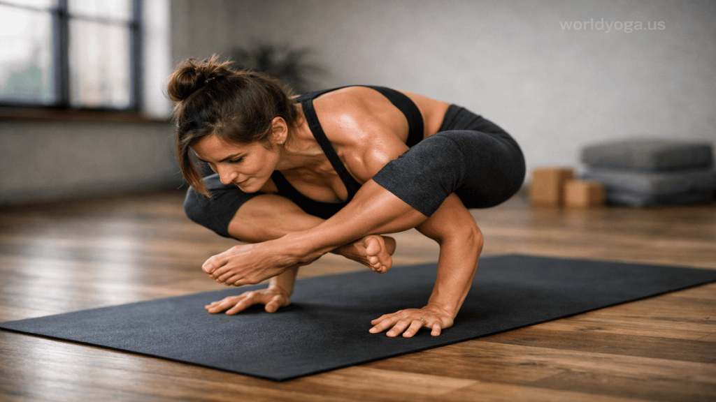 Yoga practitioner performing Bhujapidasana arm balance with legs wrapped over upper arms, body lifted off the ground and balanced on hands in a strong compression pose.