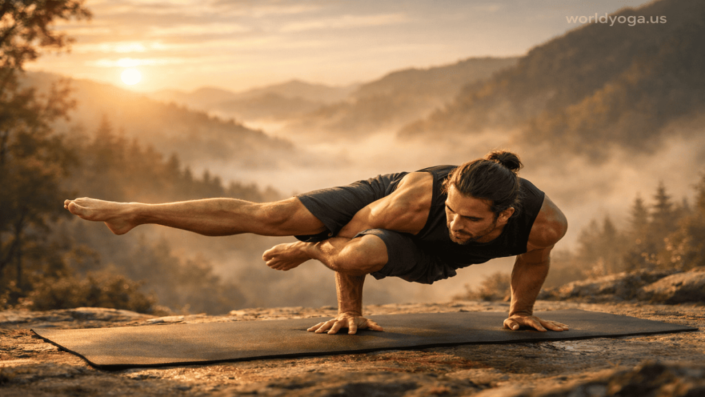Koundinya . A yogi performing an advanced arm balance outdoors at sunrise with one leg straight and one knee bent, balancing on hands in a peaceful natural setting.