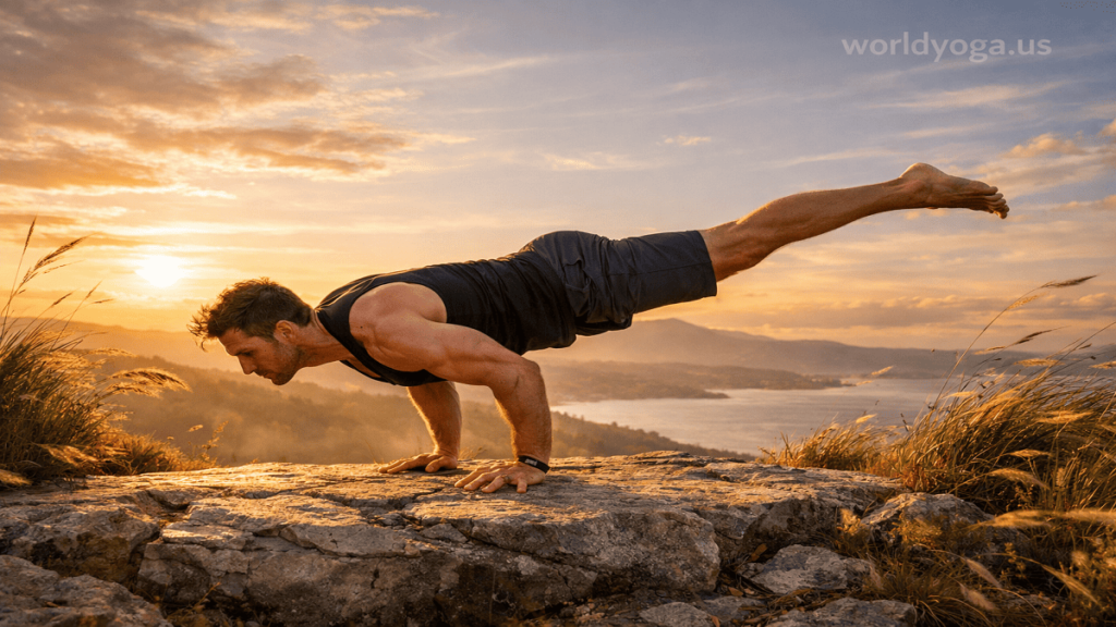 A person performing Chakorasana (Moon Bird Pose) yoga arm balance with hands on the ground and one leg extended backward in a controlled straight line.