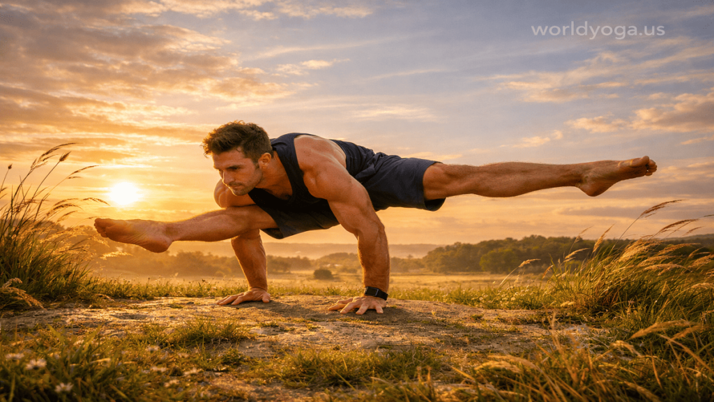 A practitioner performing Eka Hasta Bhujasana yoga arm balance with one leg hooked over the shoulder and body lifted off the ground using arm strength.