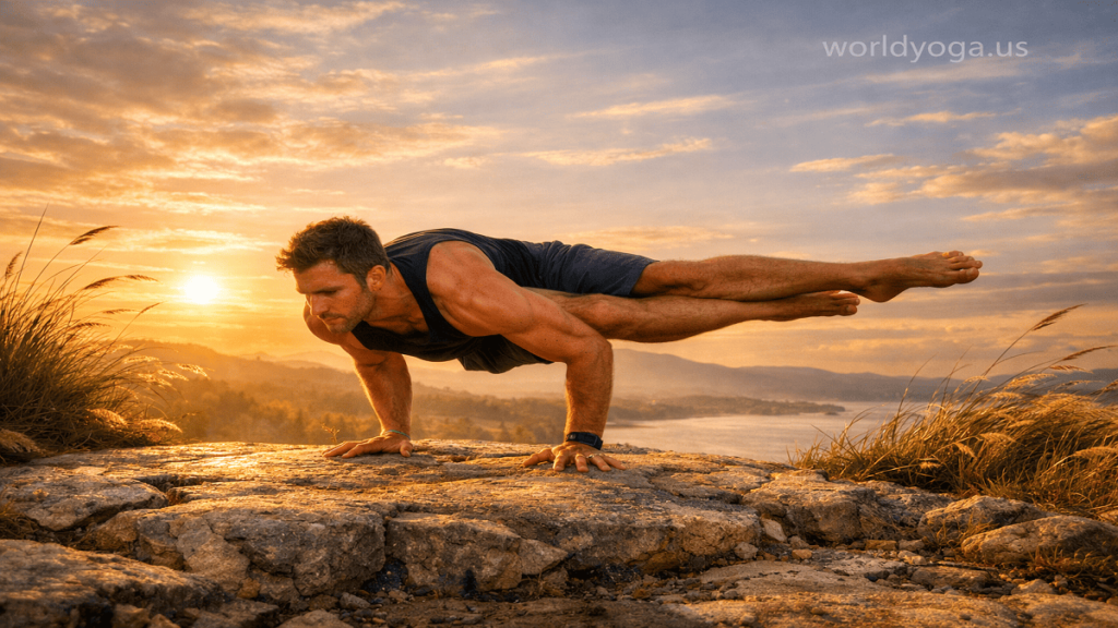 A practitioner performing Dragonfly Pose (Maksikanagasana) yoga arm balance with both legs extended to one side while balancing on the hands.