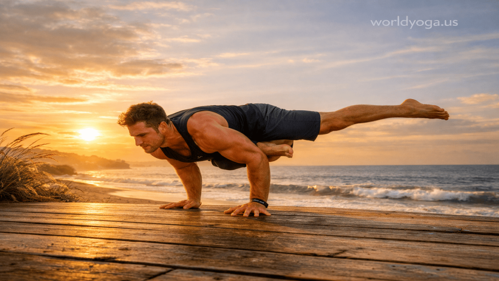 A yoga practitioner performing Eka Pada Bakasana I, balancing on hands with one leg on the upper arm and the other extended backward.