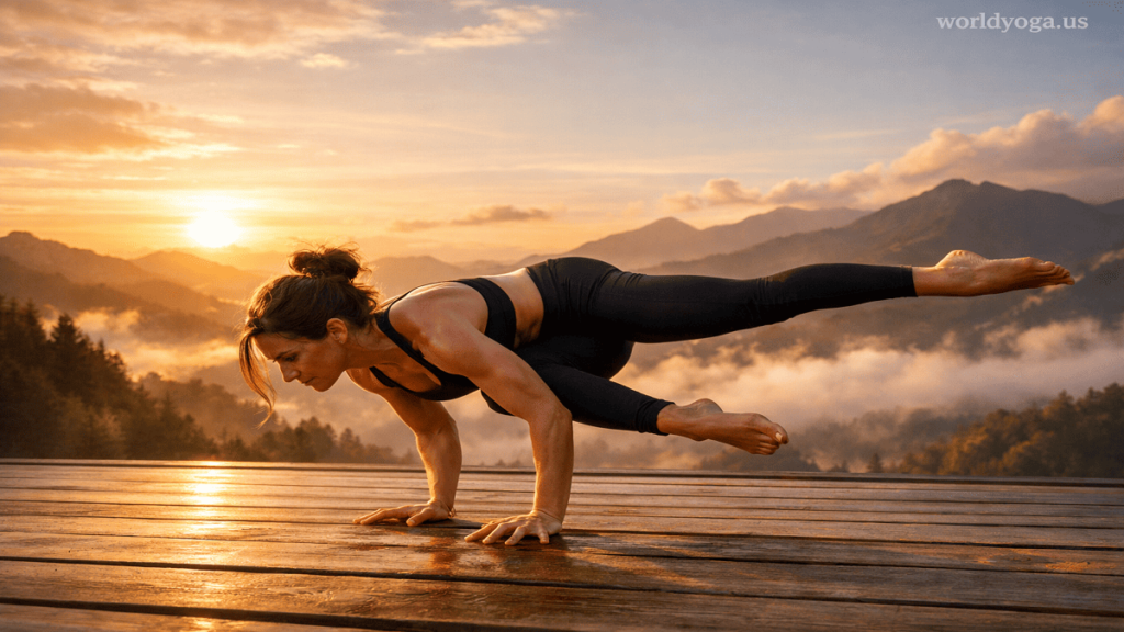 A yoga practitioner performing Eka Pada Bakasana II, balancing on hands with one leg on the upper arm and the other extended backward.